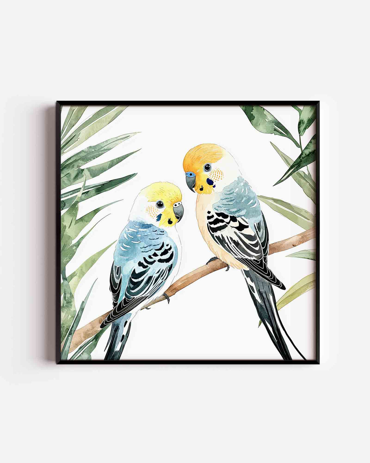 Twee parkieten op tak – vierkante dierenposter als wanddecoratie