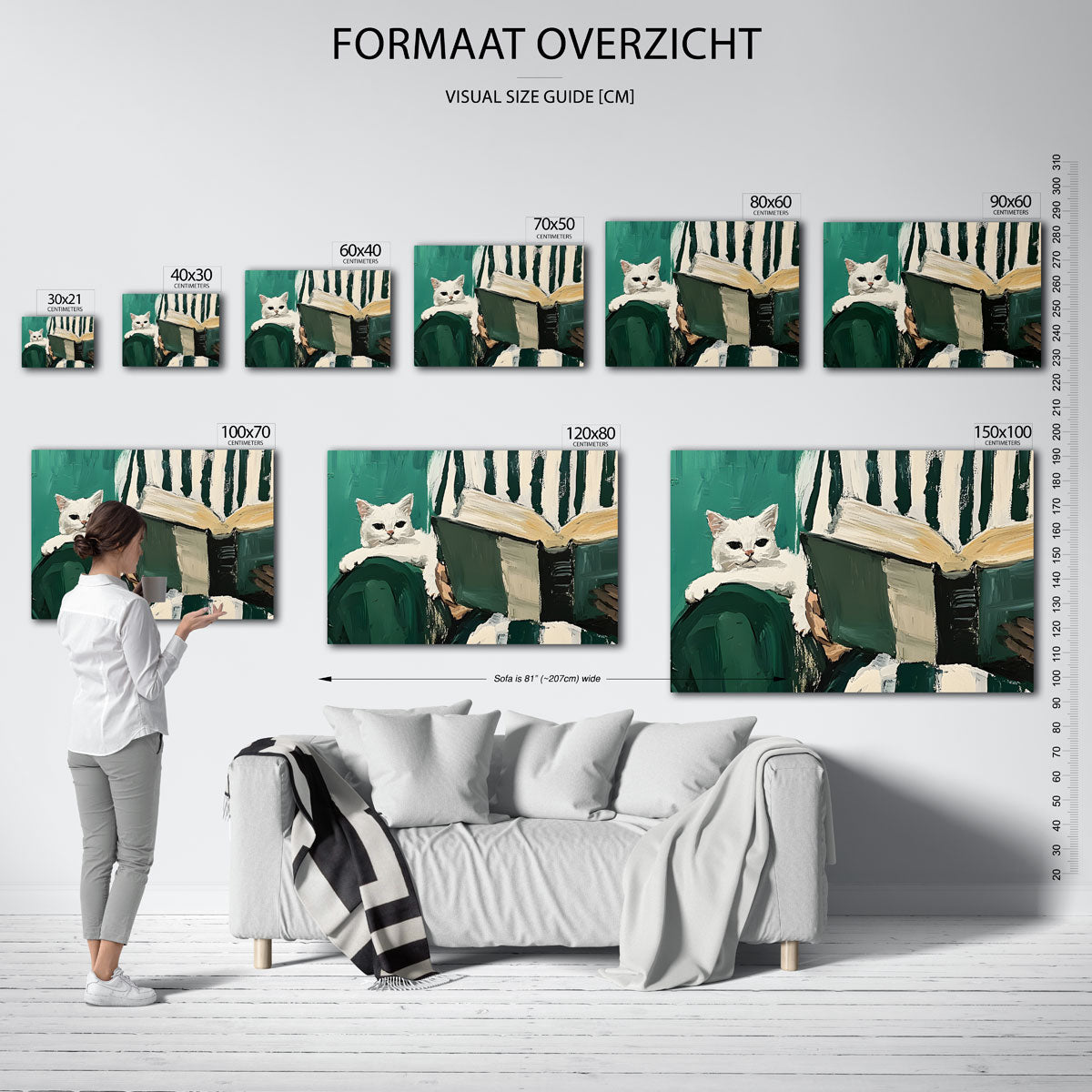 Witte kat en boek – landscape muurposter met eigentijdse illustratie