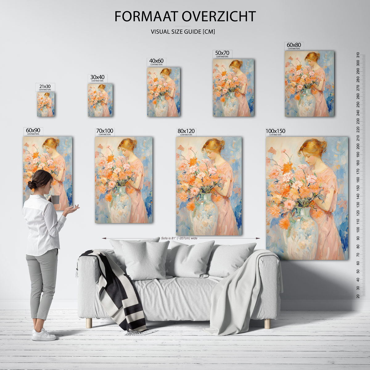 Vrouw met bloemen – staande muurposter met botanisch thema