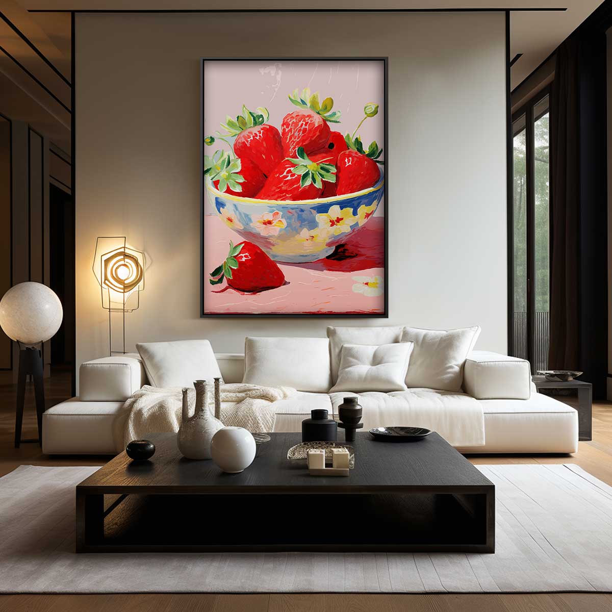 Aardbeien in Bloemenschotel – plexiglas wanddecoratie in portret formaat