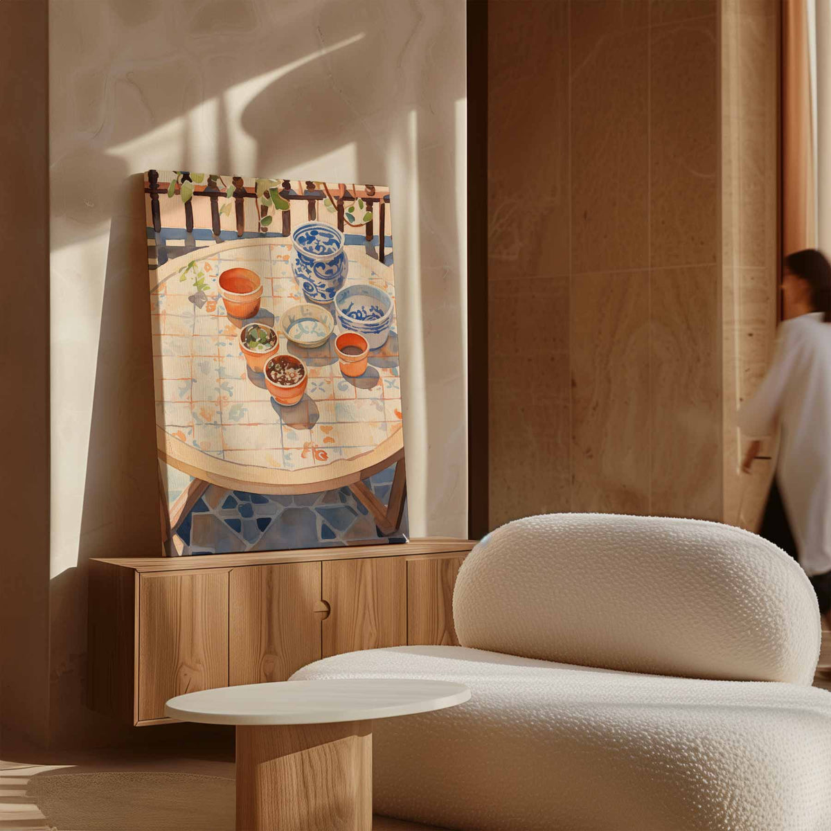 Zonnige Terrastafel met Bloempotten – staand kunstwerk voor modern interieur