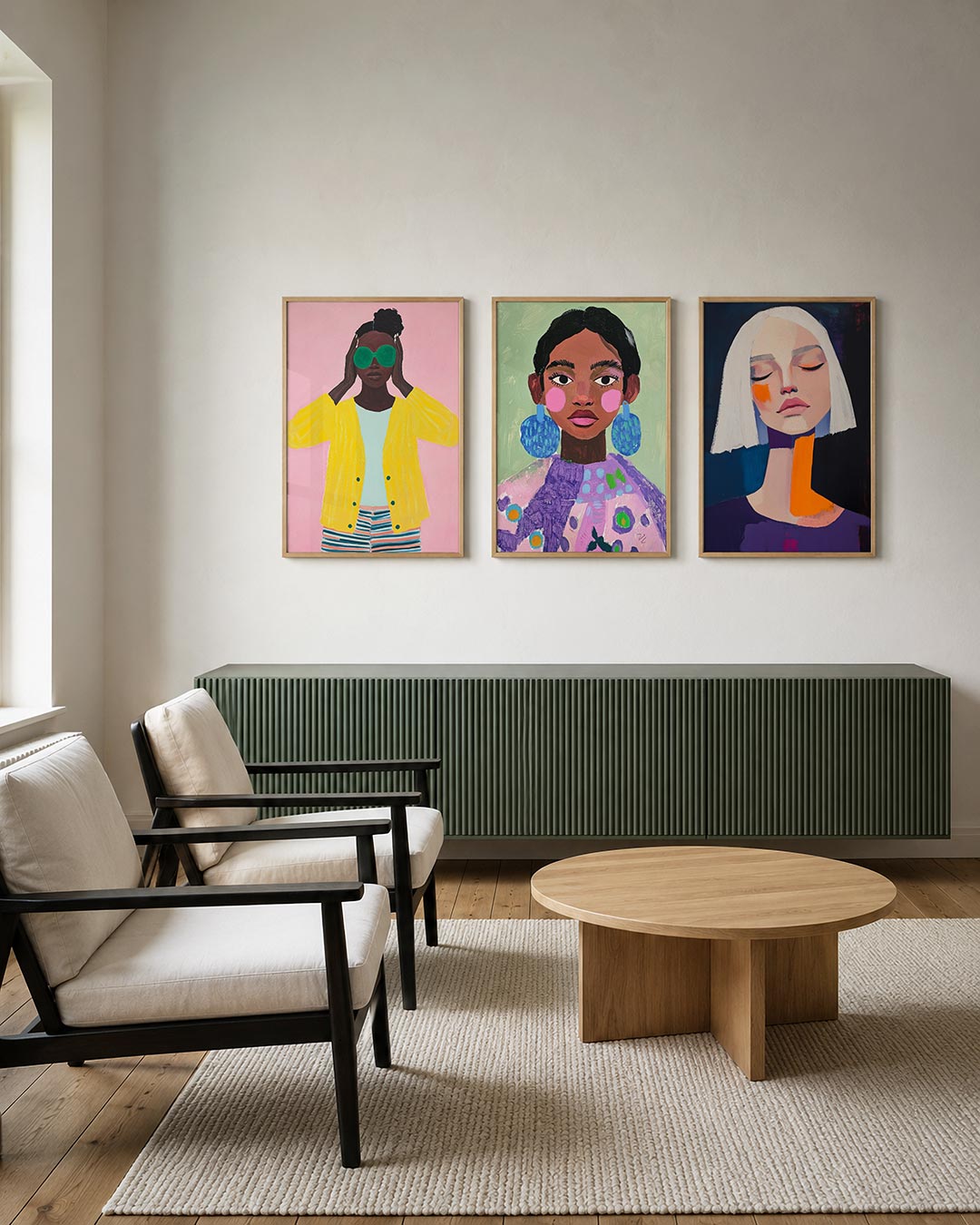 Kleurrijke portretuitstraling posterset – tweede productweergave – een levendig portret met een roze achtergrond, een felgele