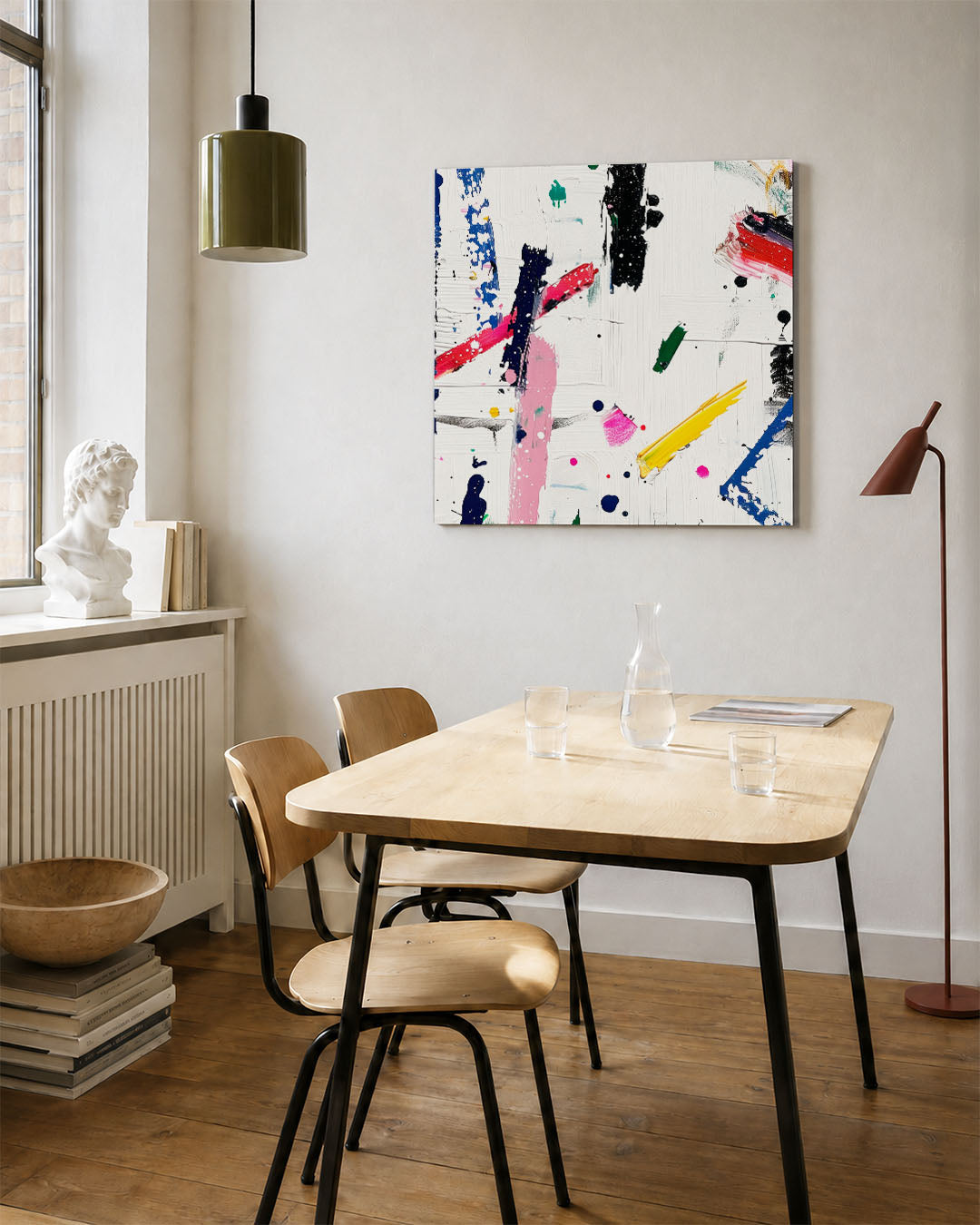 Dynamische kleurenexplosie kunstwerk – vierkante wanddecoratie – dit werk toont een levendige mix van kleuren en lijnen. De