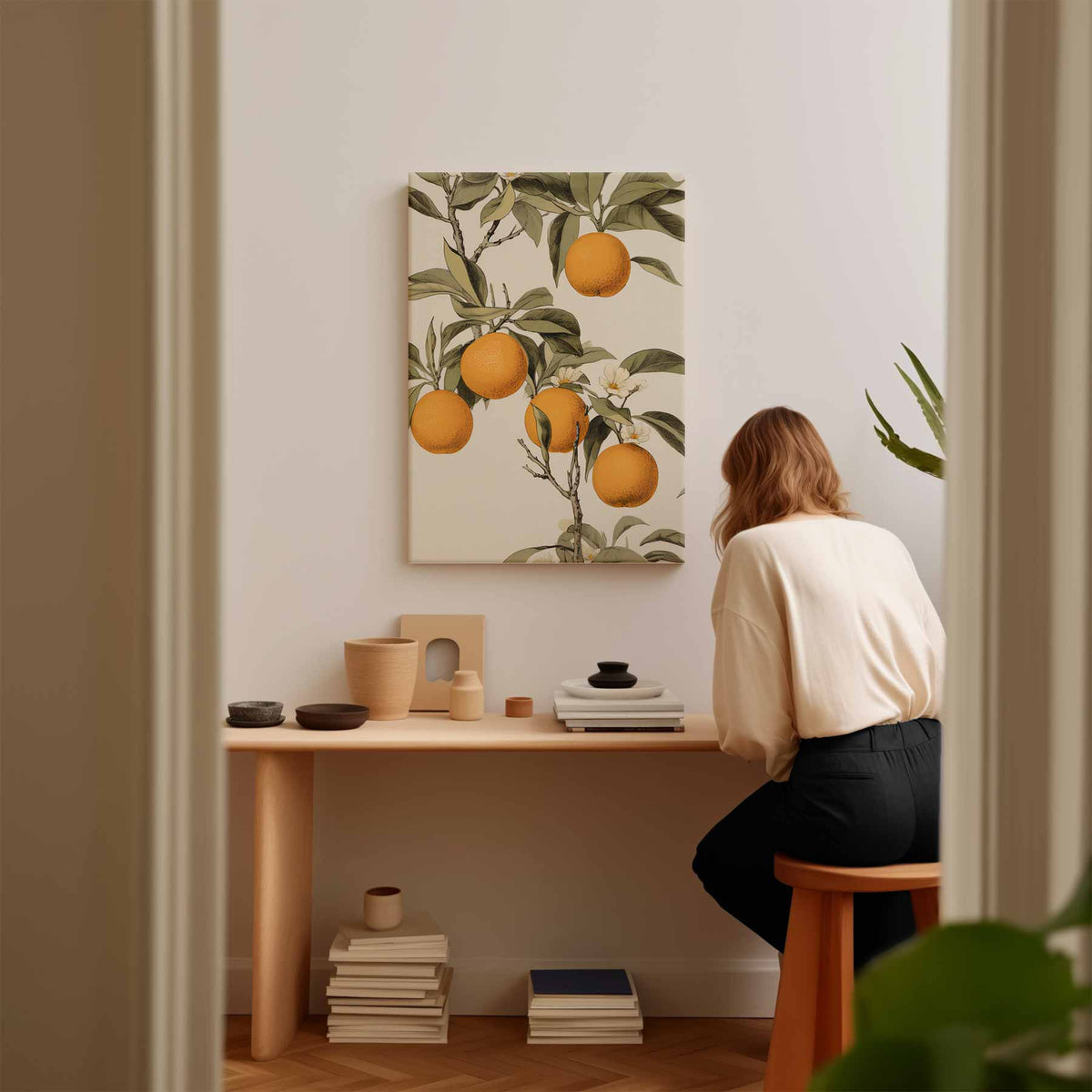 Zonnige Sinaasappelboom Illustratie – kunstwerk met zwarte baklijst