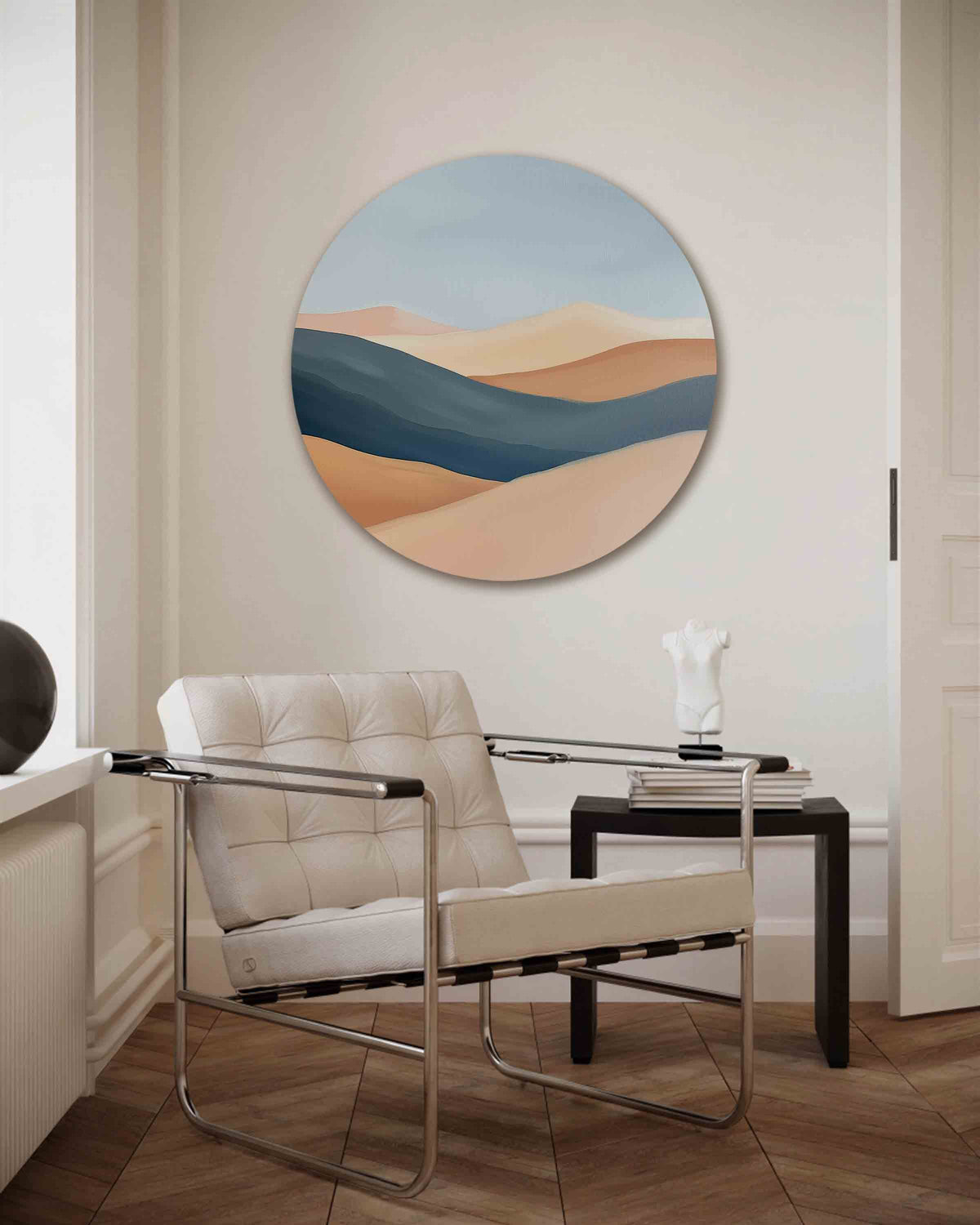 Landschap in zachte tinten – kleurrijke muurcirkel als ronde wanddecoratie