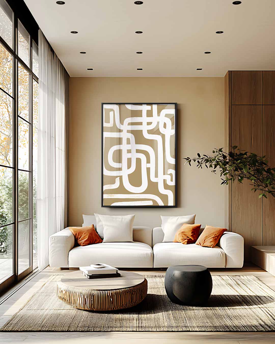Abstract Labyrint Bruin – staande wandkunst voor woonkamer of interieur