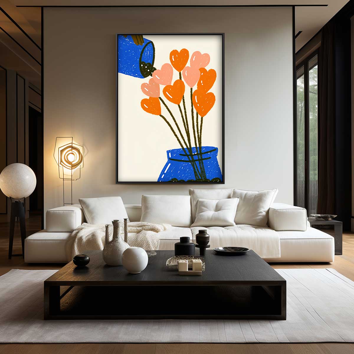 Bloemenhartjes in Blauwe Vaas – modern portret kunstwerk van WallArtistic