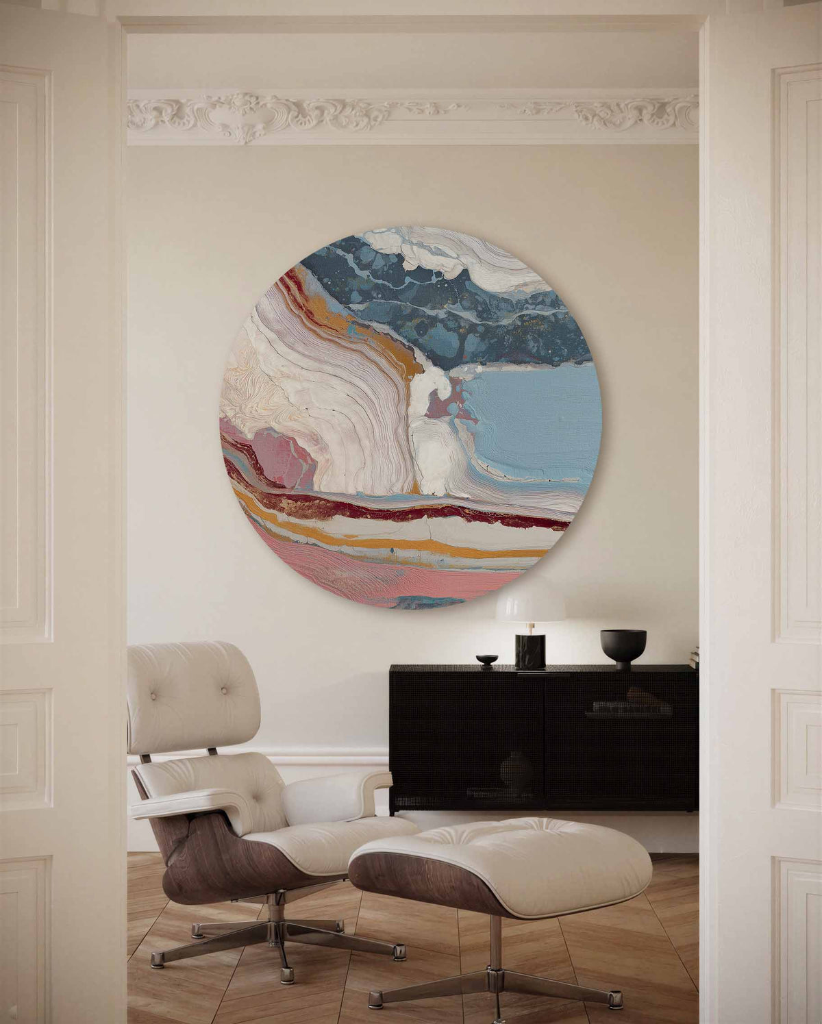 Abstracte lagen – portret muurcirkel als ronde muurdecoratie