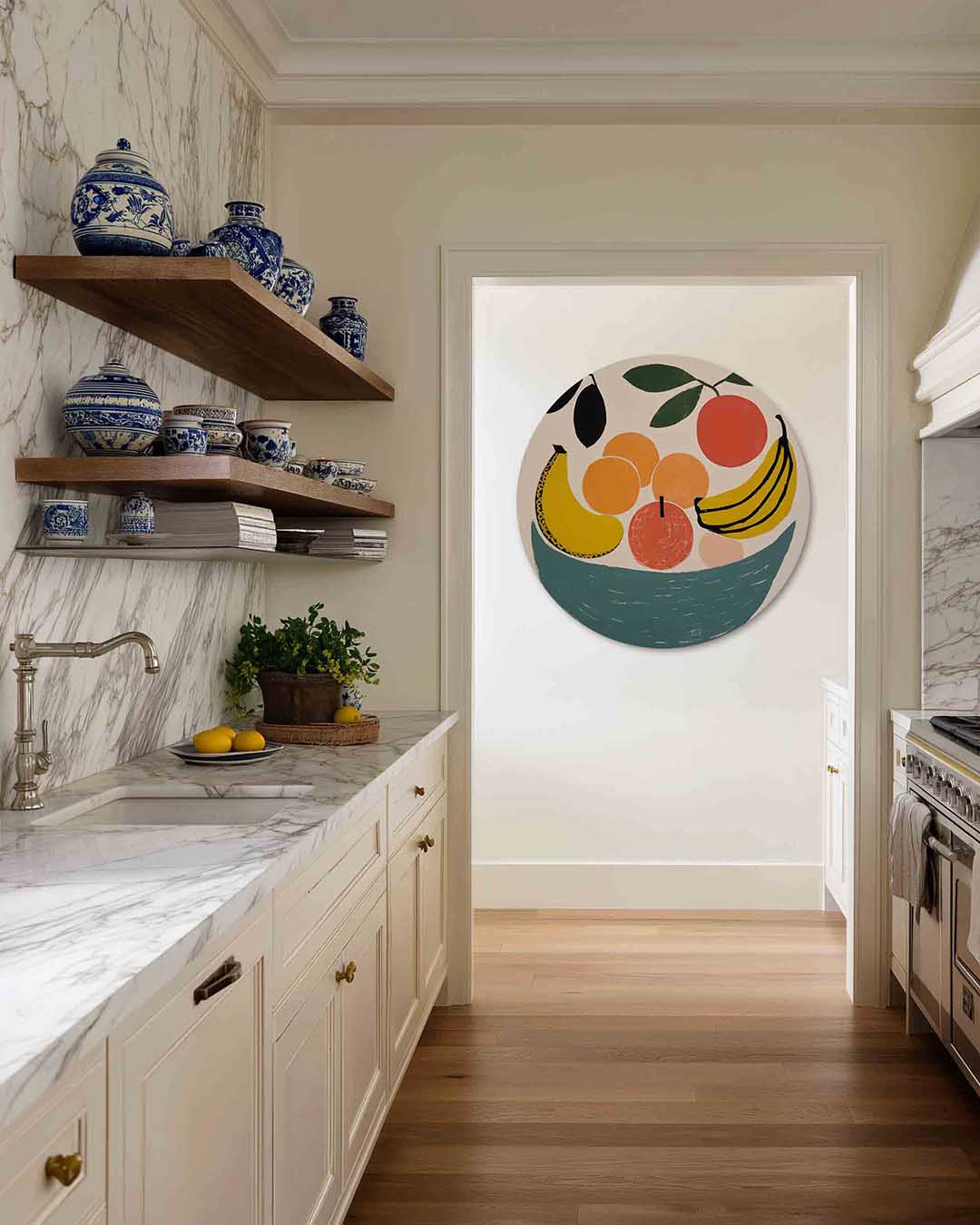 Fruit in schaal – moderne abstracte muurcirkel voor aan de muur