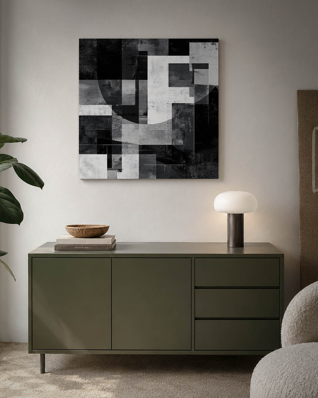 Geometrische vormen compositie kunstwerk – detailweergave – dit werk toont een dynamisch spel van rechthoeken en cirkels in