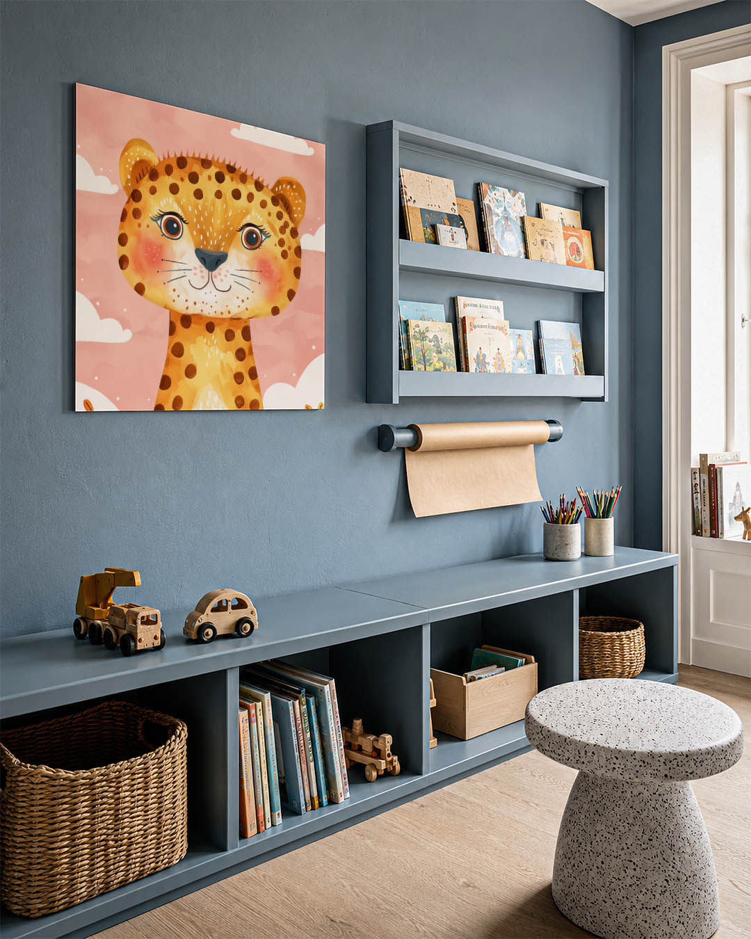 Vrolijke luipaard illustratie kunstwerk – detailweergave – een speelse illustratie van een luipaard met grote ogen en een
