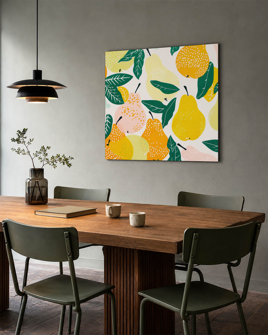 Fruit en bladeren kunstwerk – tweede productweergave – dit werk toont een levendige compositie van peren en bladeren in