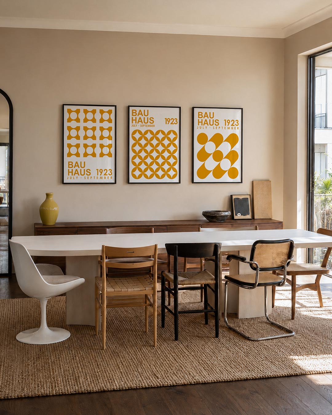 Vorm en kleur driedelige posterset – deze posterset in drie delen toont een ritmisch patroon van oranje vormen met cirkels