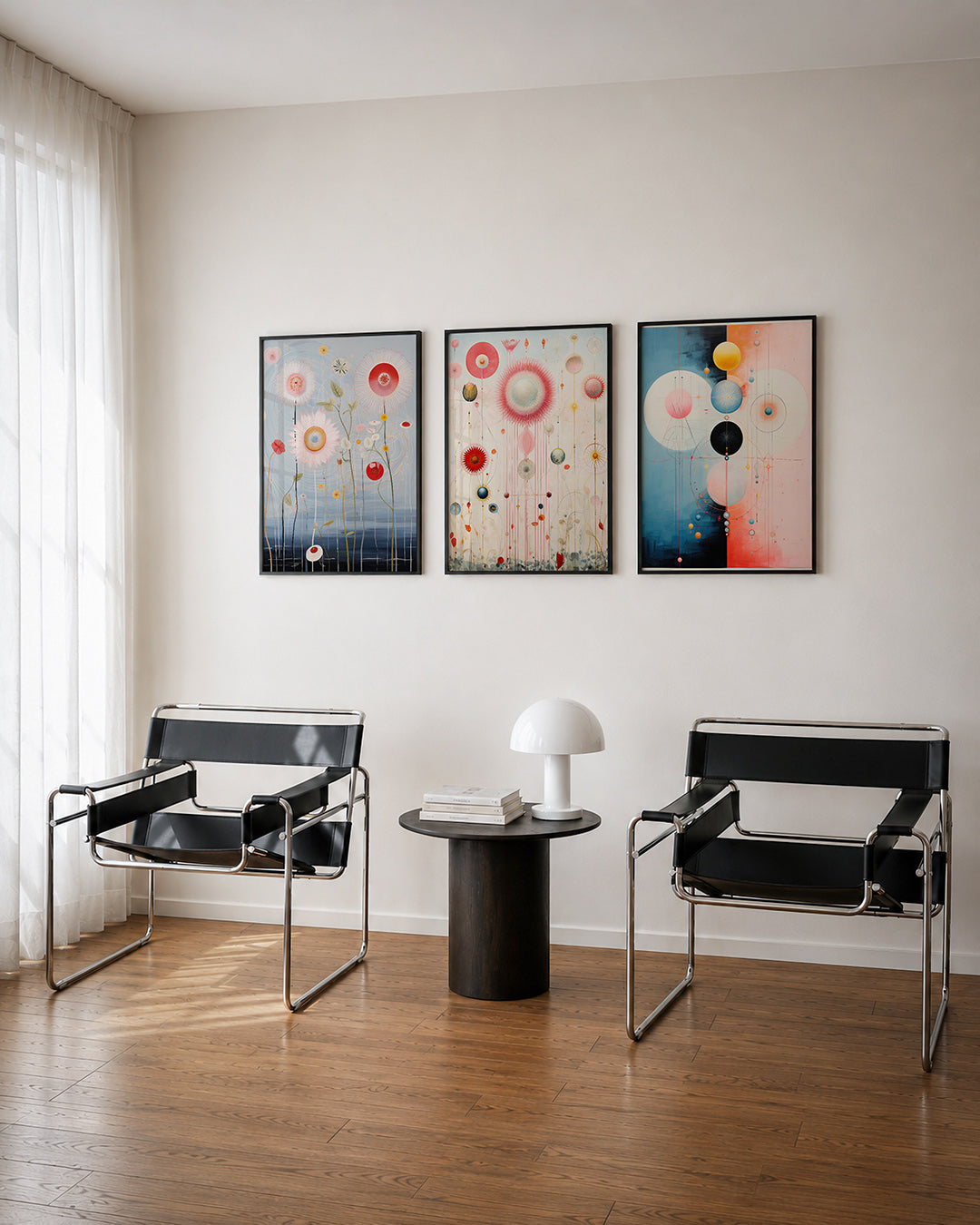 Bloemvormen en lijnen driedelige posterset – deze driedelige postercombinatie toont delicate bloemen in