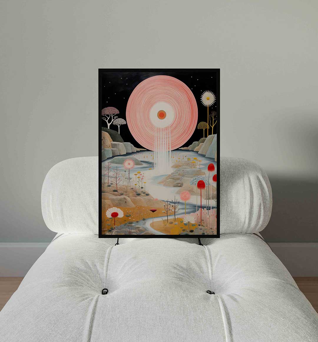 Landschap met grote roze cirkel – staande surrealistische wanddecoratie van WallArtistic
