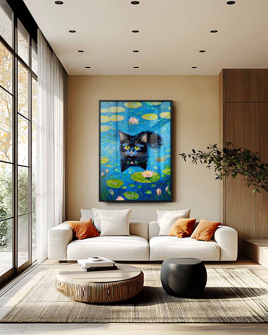 Zwemmende Kat Tussen Waterlelies – staand kunstwerk voor modern interieur