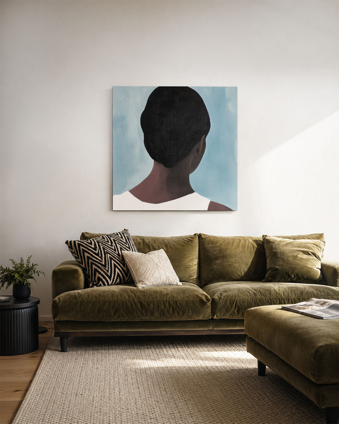 Stille reflectie kunstwerk – derde productweergave – dit kunstwerk toont een compositie met een figuur van achteren gezien