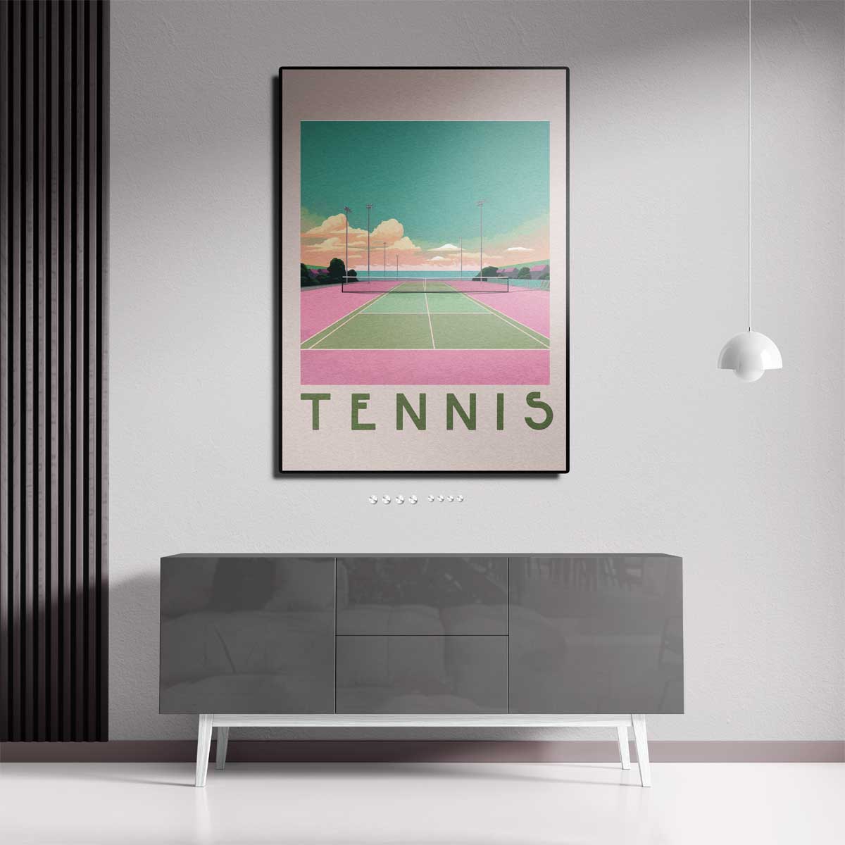 Kleurrijke Tennisbaan Zonsondergang – kunstwerk met zwarte baklijst