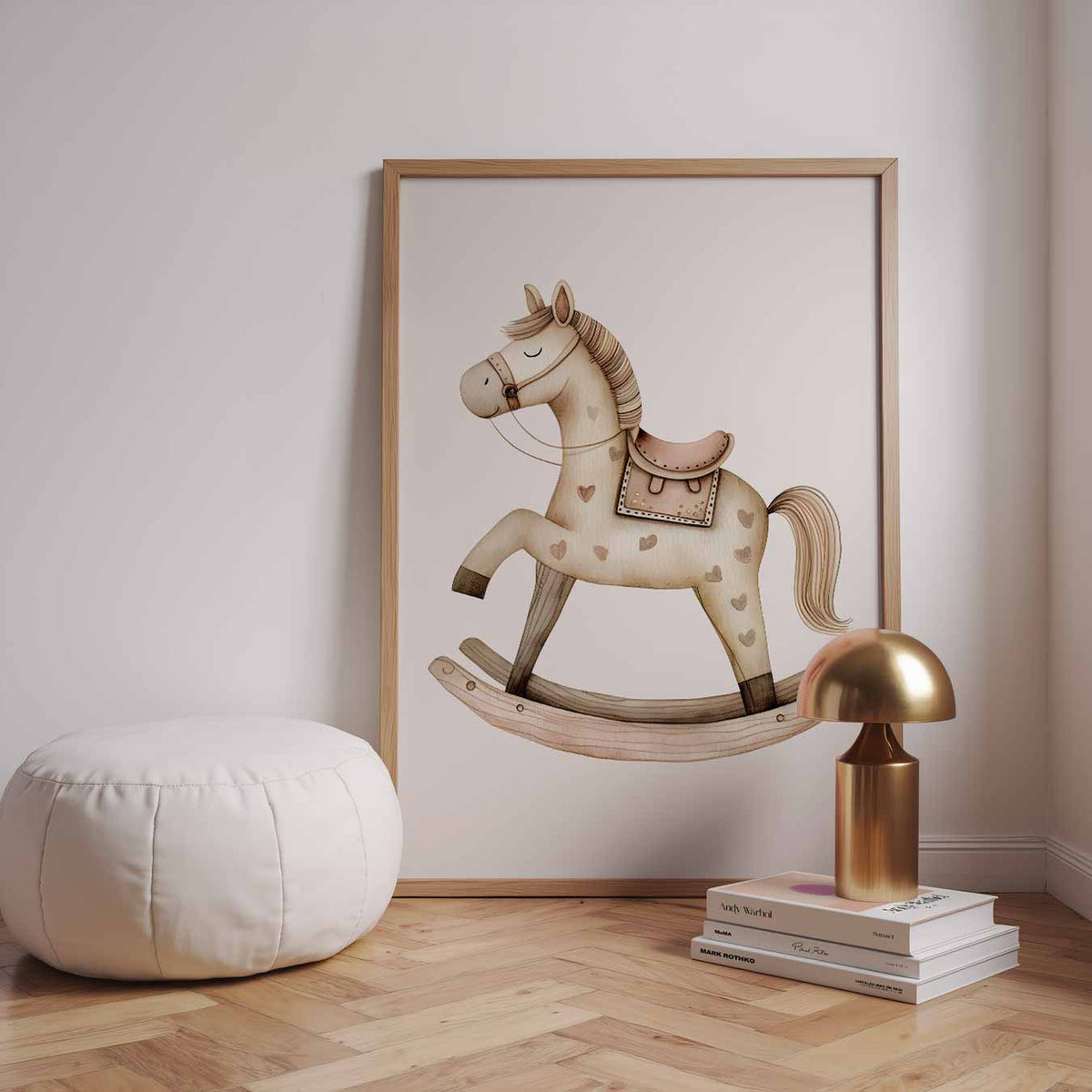 Dromerige Houten Hobbelpaard – speelse wandkunst als portret kinderposter