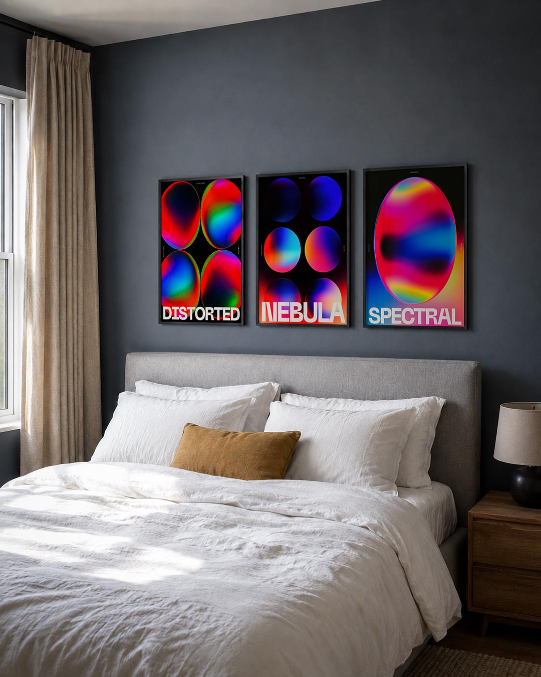 Kleurrijke cirkelcompositie posterset – detailweergave – vier grote cirkels met vloeiende overgangen van rood, blauw
