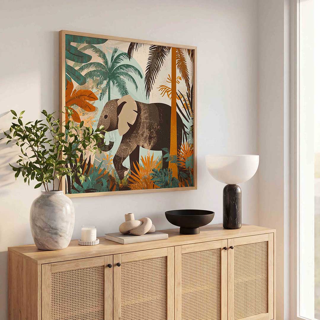 Olifant in jungle – dierenillustratie als vierkante poster