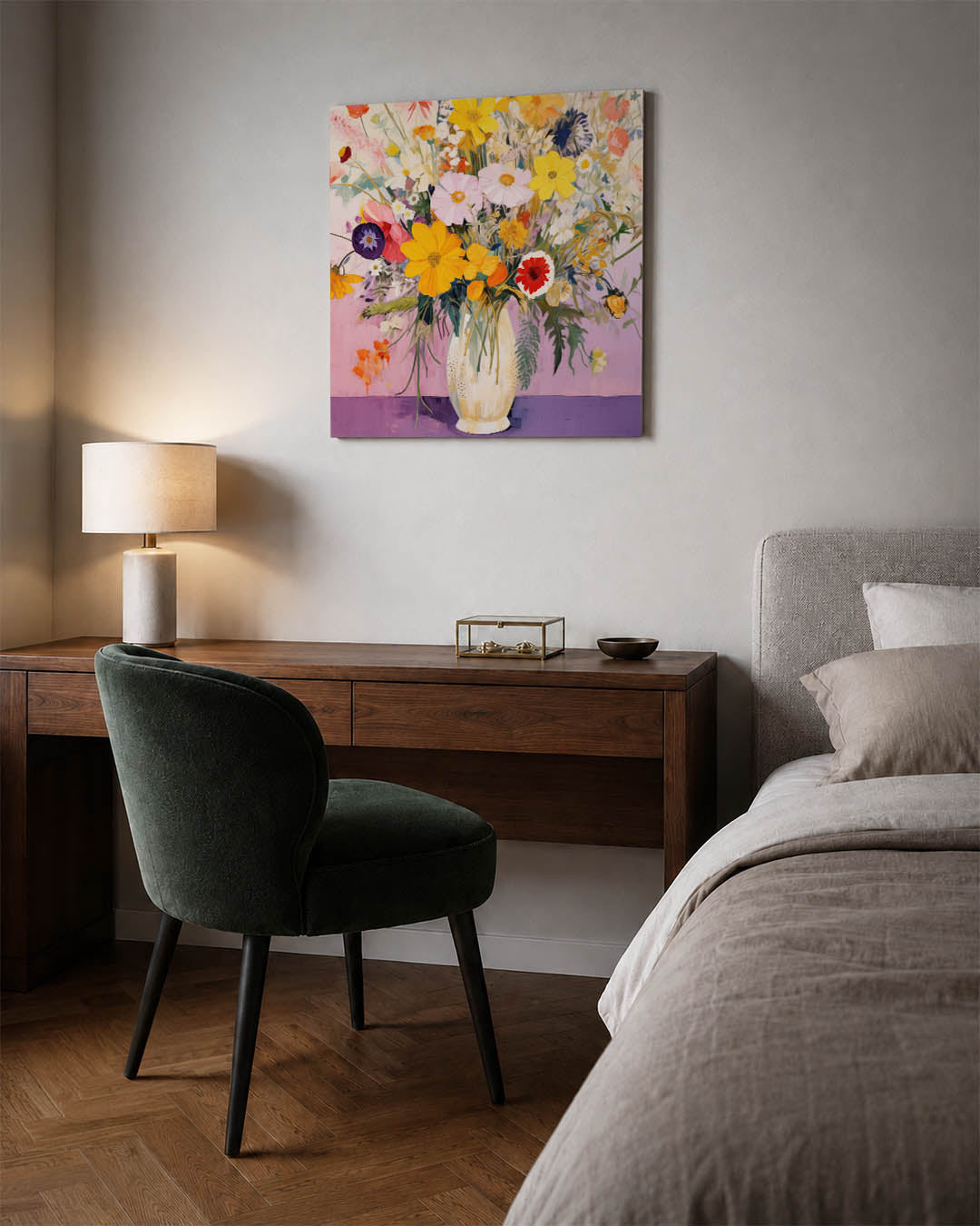 Bloemenpracht in vaas kunstwerk – materiaalweergave – dit toont een levendig boeket bloemen in een vaas, met een harmonieuze