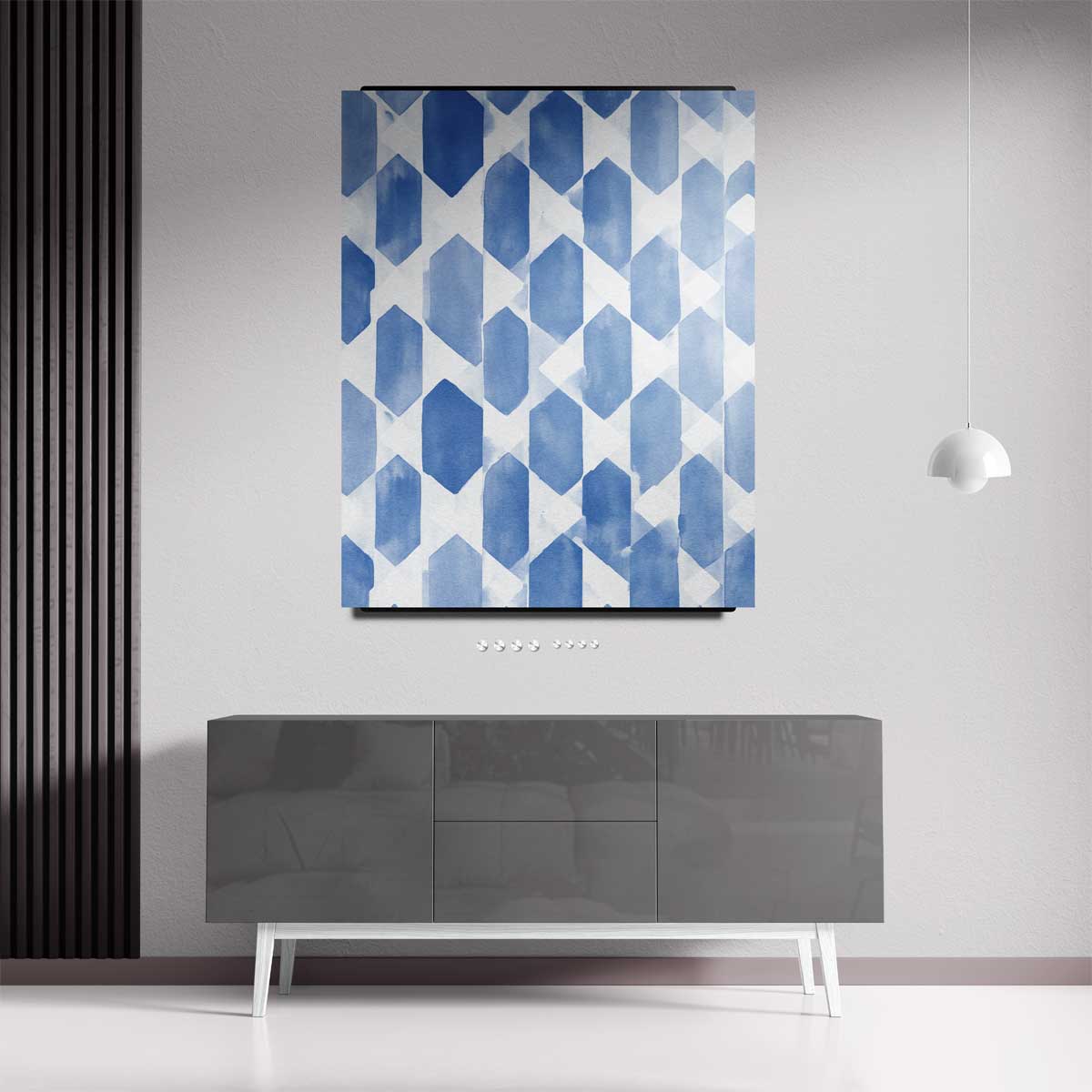 Blauwe Geometrische Harmonie – staand kunstwerk voor modern interieur