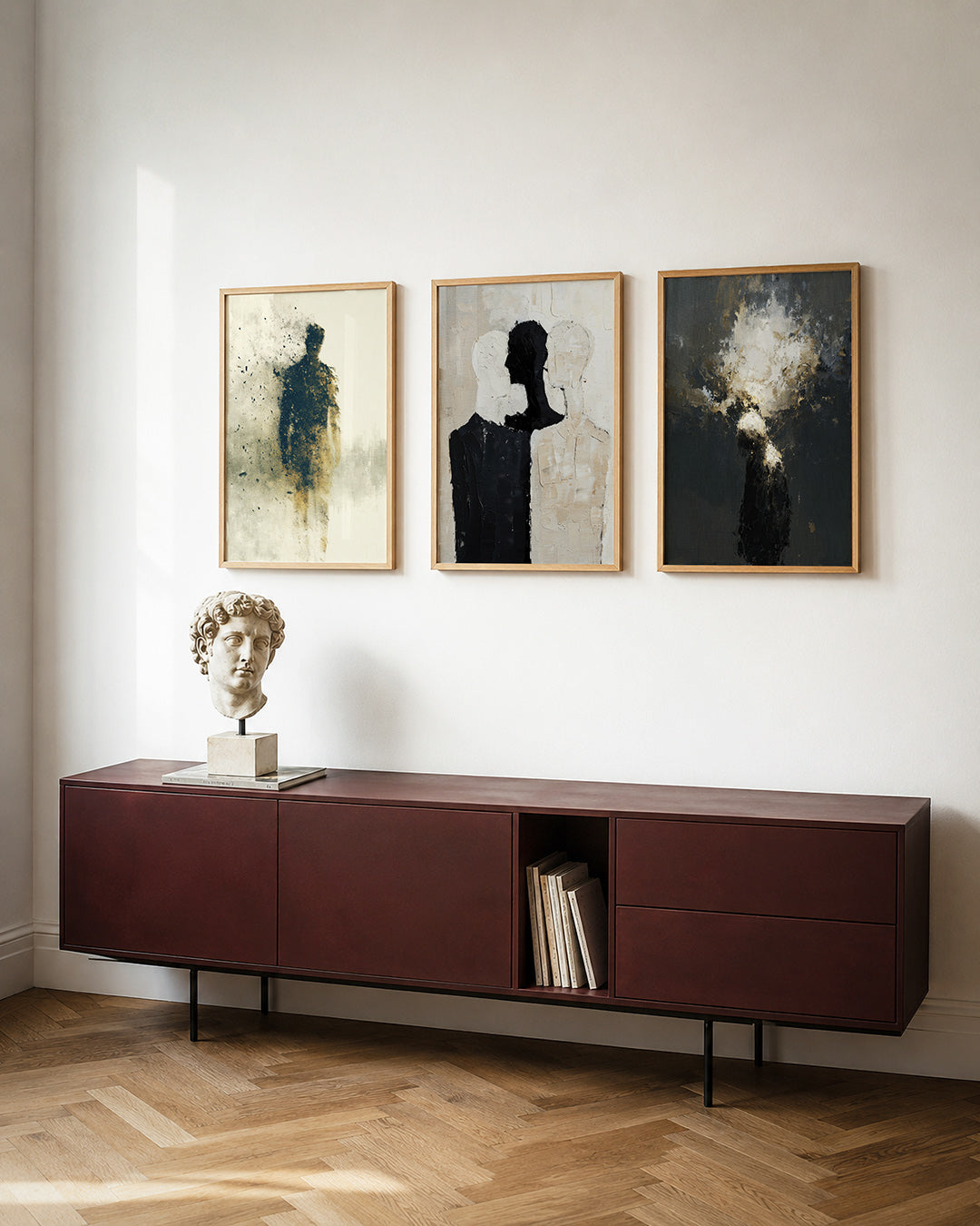 Vervagende silhouet posterset – detailweergave – een figuur vervaagt in de ruimte, met donkere en lichte