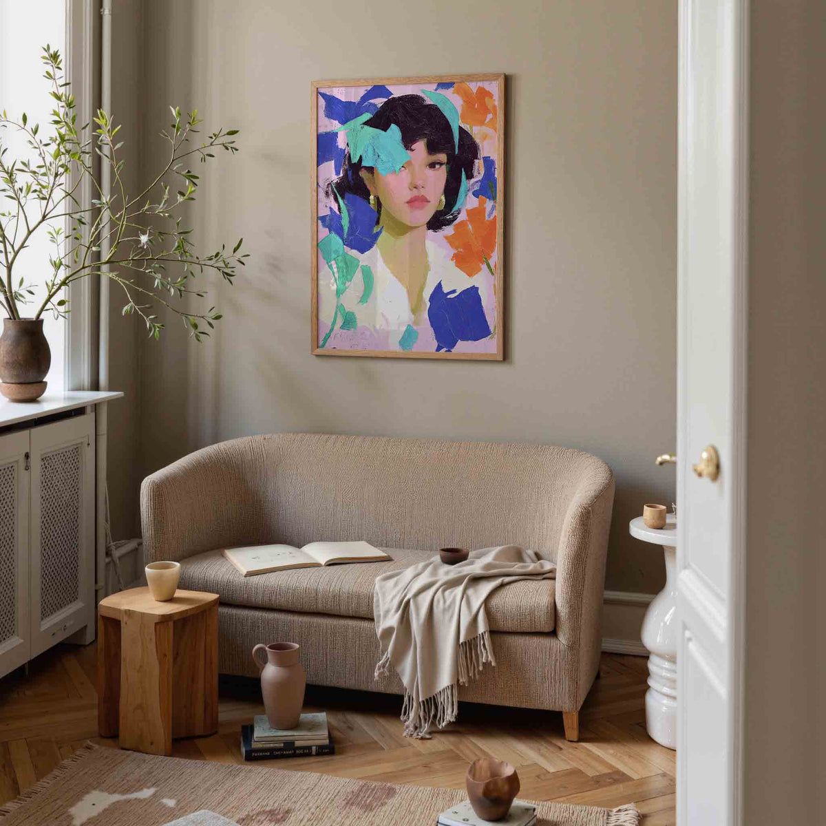 Vrouwelijk portret met kleurrijke accenten – illustratie poster in staand formaat
