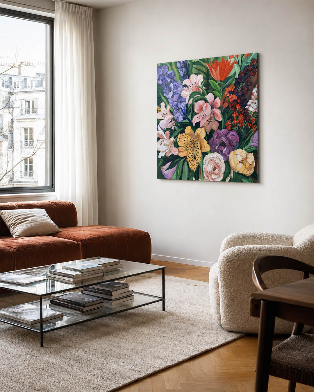 Bloemrijke compositie kunstwerk – vierkante wanddecoratie – dit kunstwerk toont een levendige verzameling bloemen in diverse