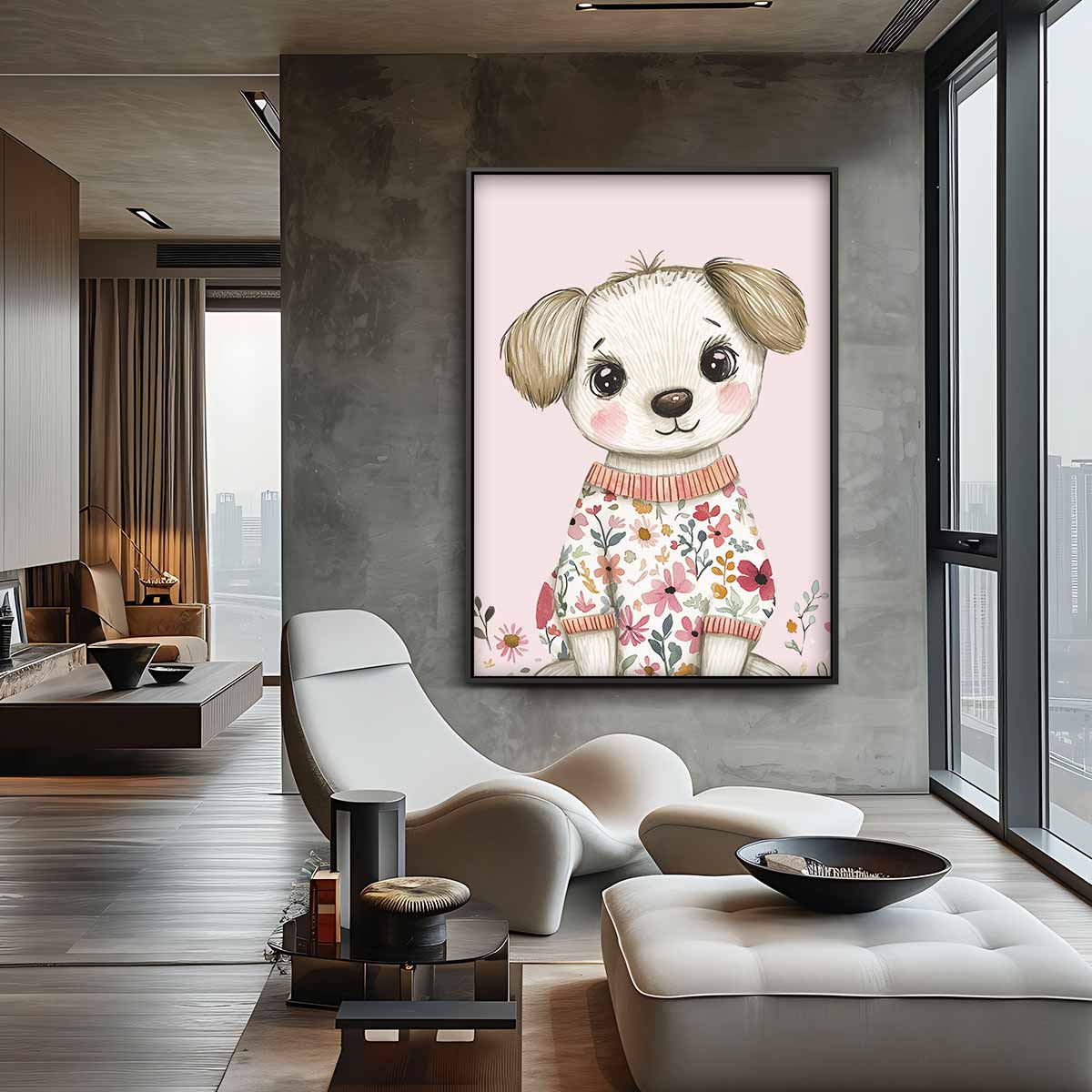 Schattig Bloemenhondje – canvas wanddecoratie in portret formaat