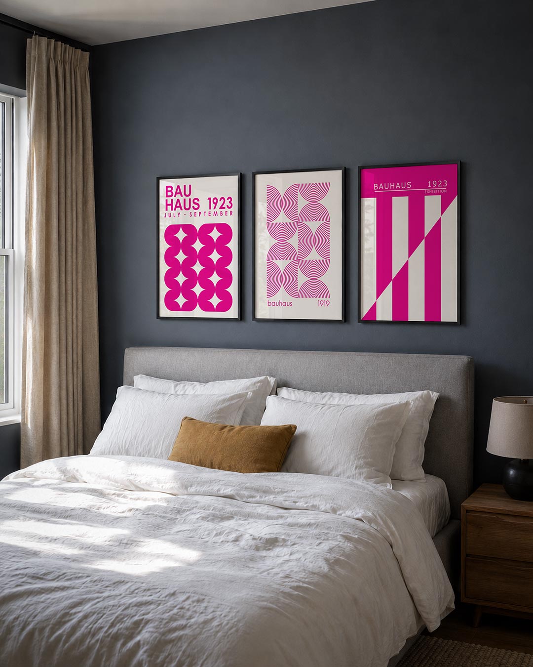 Vormen en ritme posterset – detailweergave – deze posterset in drie delen toont levendige roze vormen die ritmisch zijn