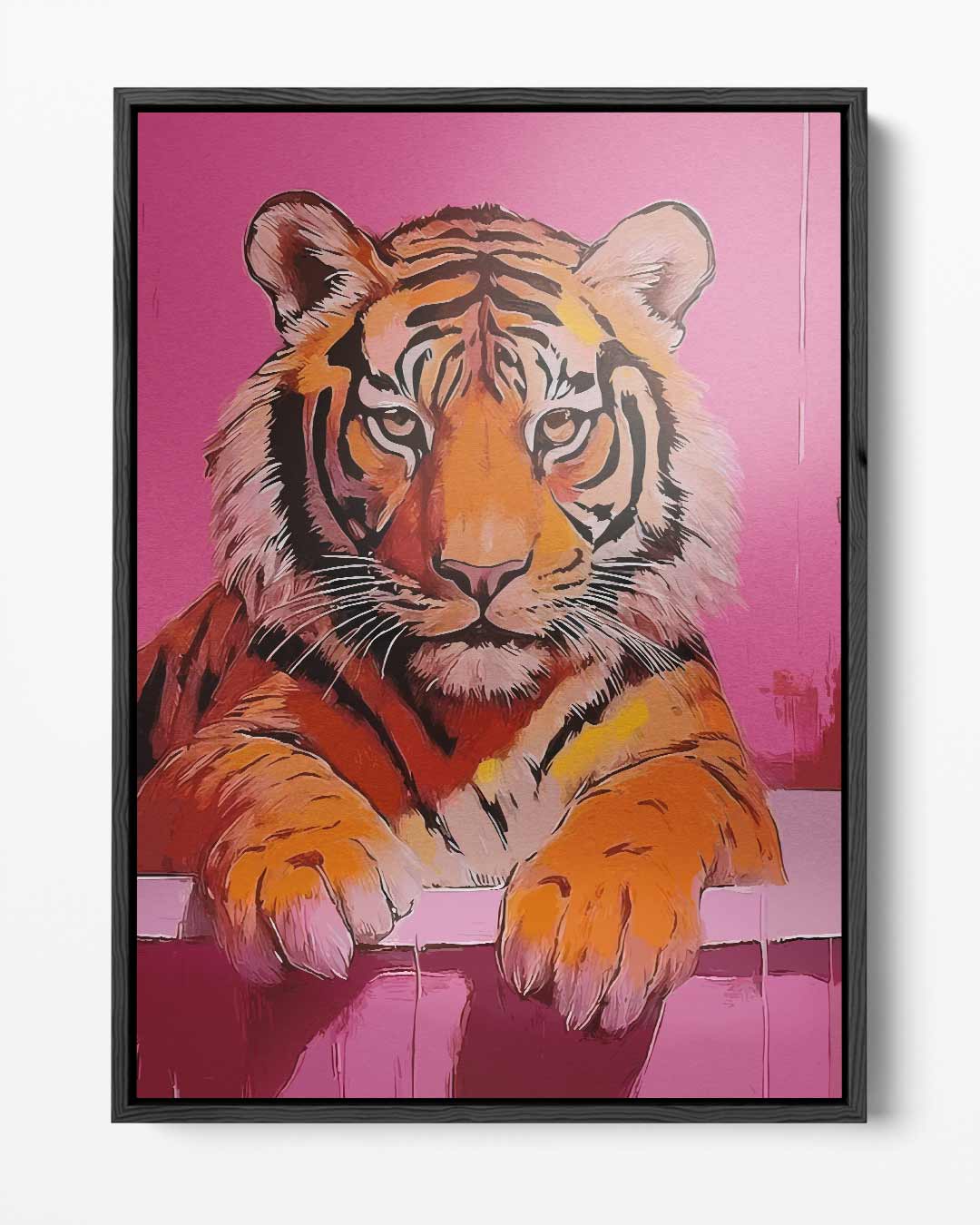 Badende Tijger op Roze Achtergrond – portret kunstwerk als wanddecoratie