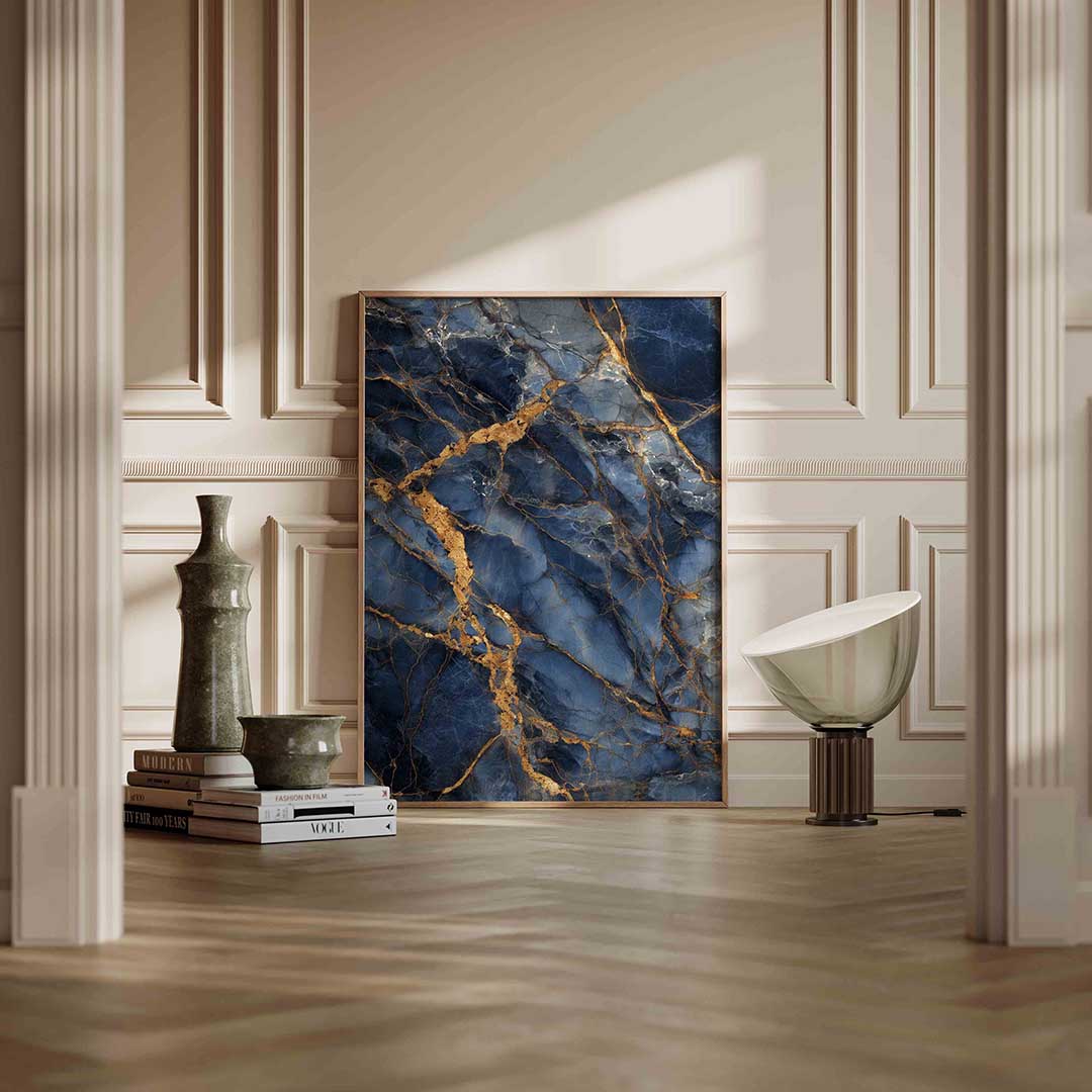 Blauwe en gouden aderen – staande abstracte wanddecoratie van WallArtistic