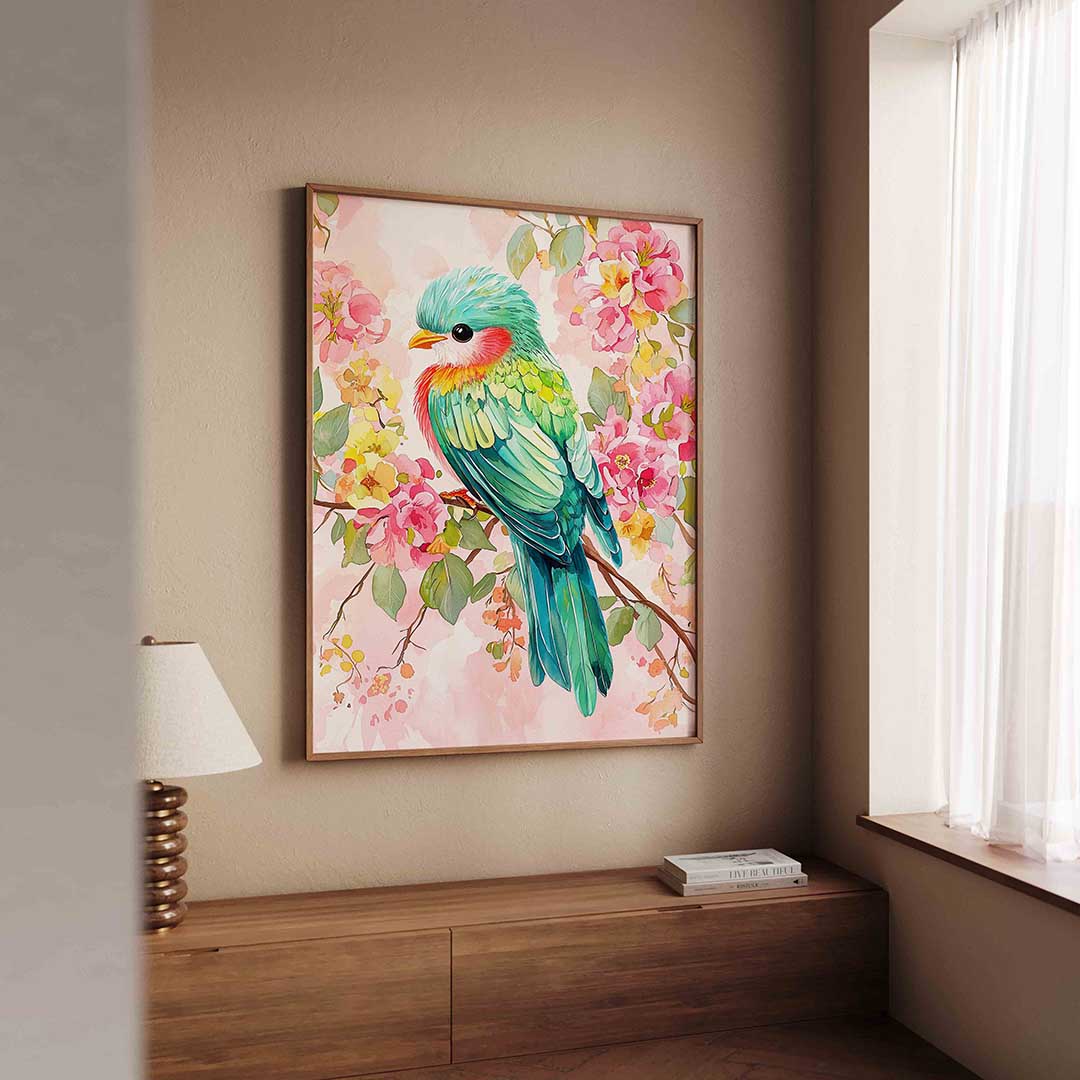 Vogel en bloemen – dierenillustratie als portret poster