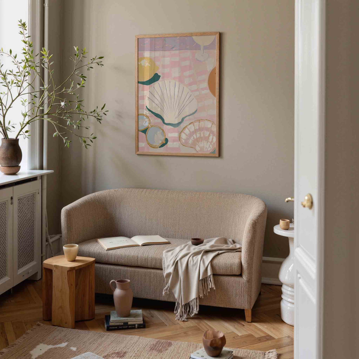 Schelpen en citroen – pastel poster in staand formaat