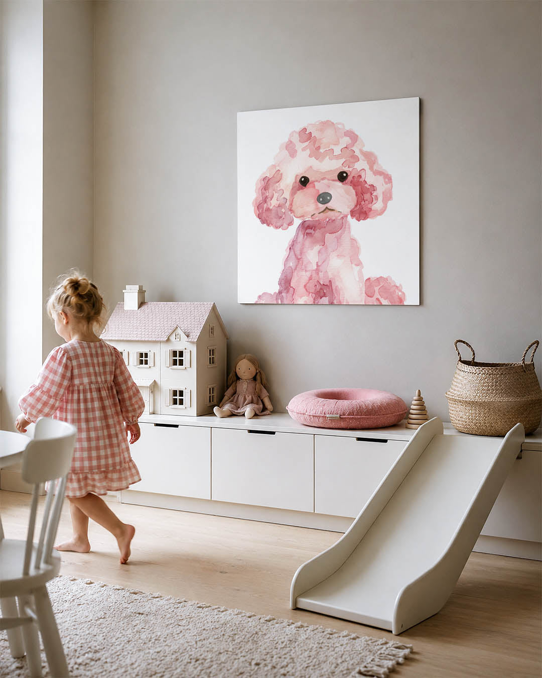 Speelse hond illustratie kunstwerk – tweede productweergave – dit werk toont een speelse hond in zachte roze tinten. De