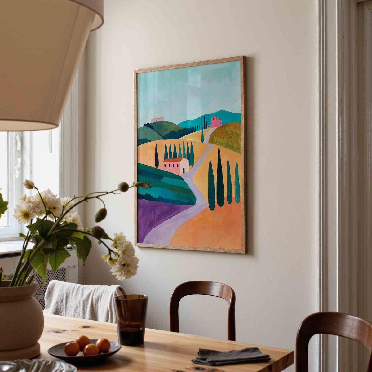 Landschap met heuvels en huizen – eigentijdse illustratie poster in staand formaat