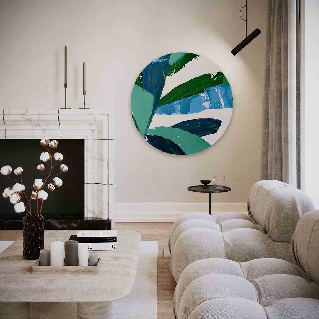 Blauwe en groene bladeren – abstracte textuur muurcirkel als wanddecoratie