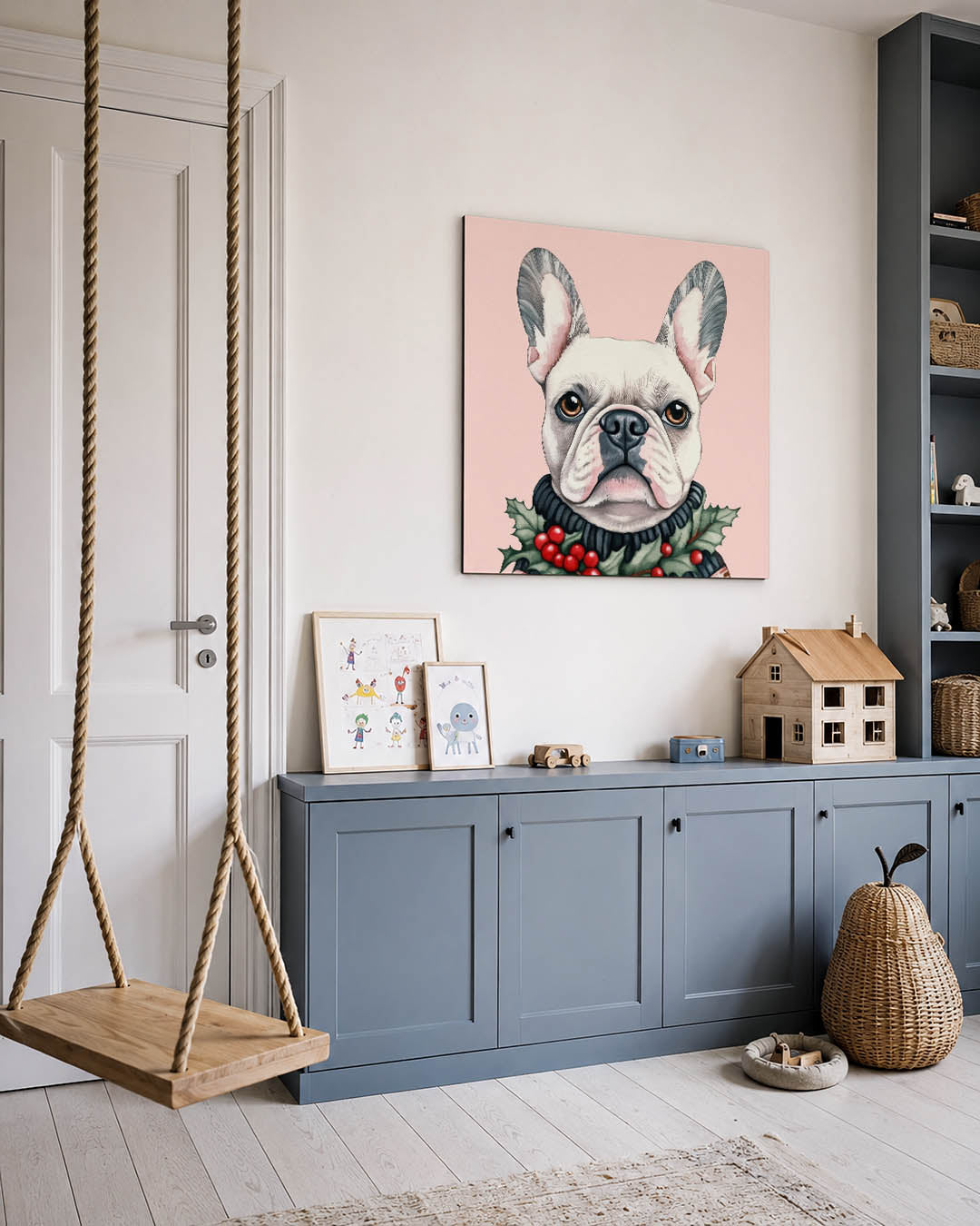 Hond met kerstkrans kunstwerk – vierkante wanddecoratie – dit werk toont een hond met een gedetailleerde kerstkrans. De