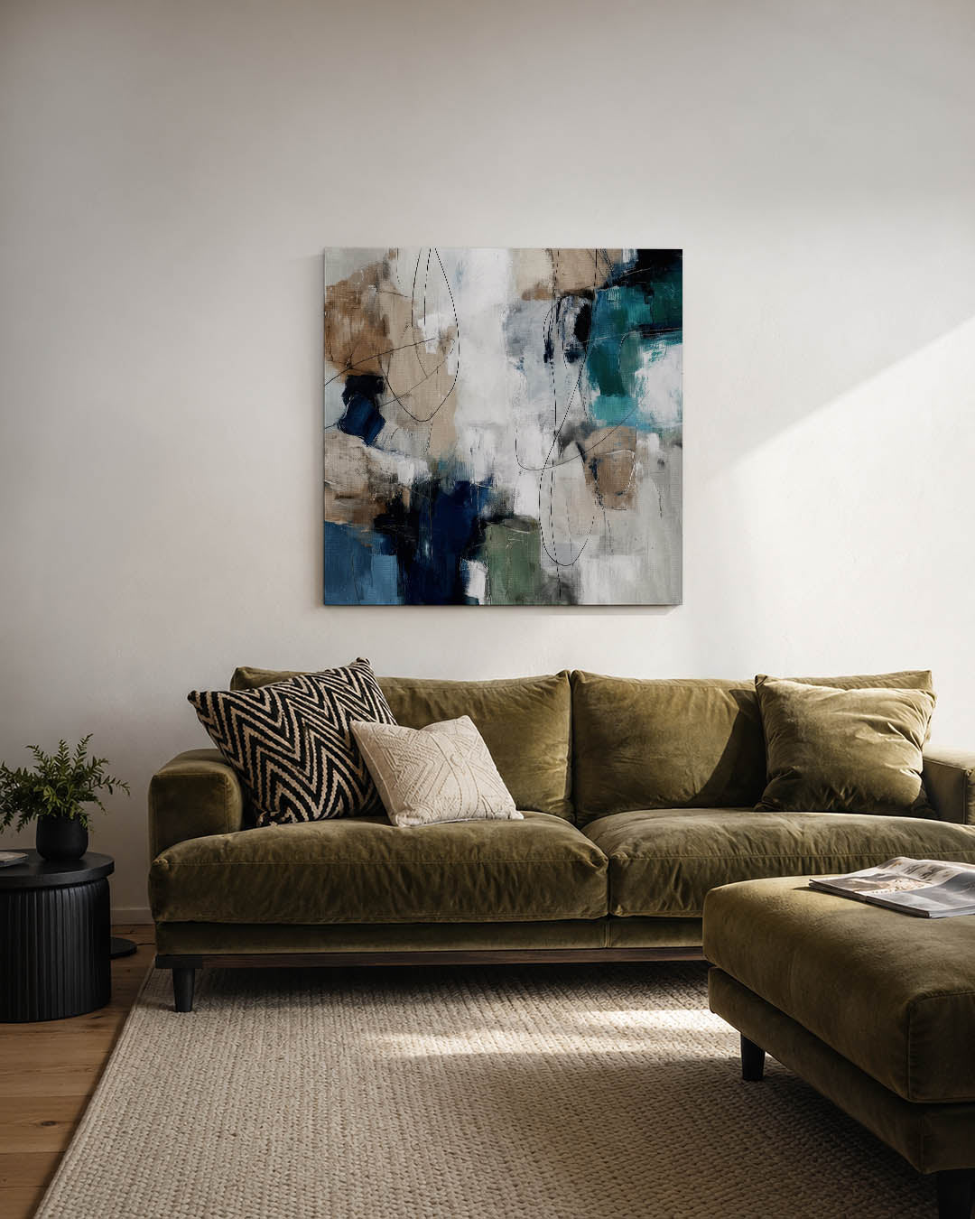 Dynamische kleurencompositie kunstwerk – derde productweergave – dit kunstwerk toont een levendige mix van blauwe, beige en