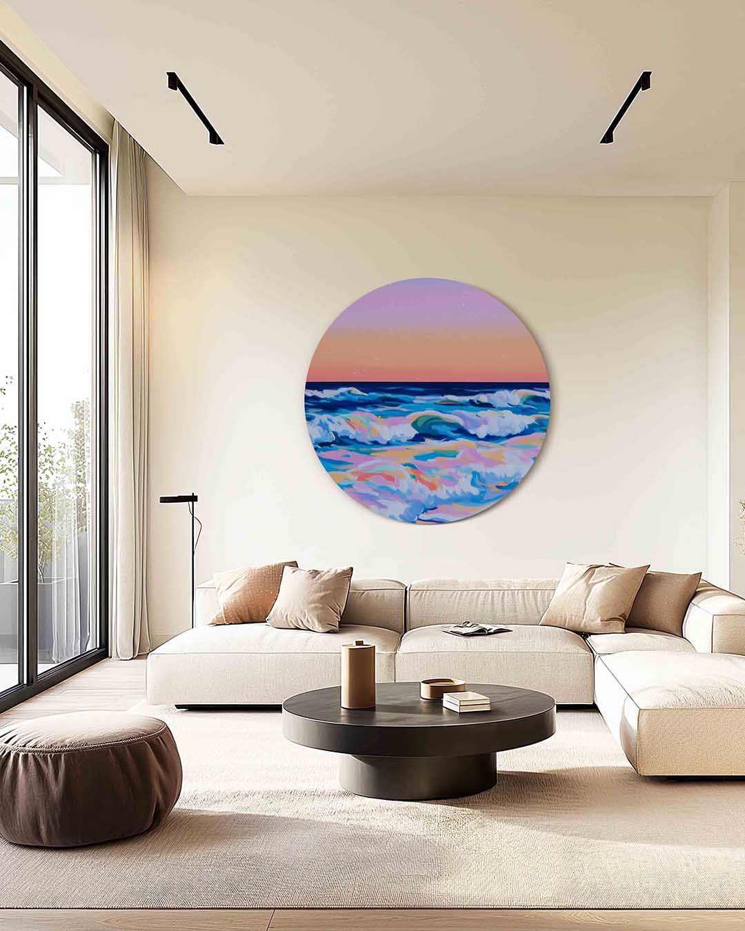 Golvende zee – kleurrijke illustratie muurcirkel als wanddecoratie