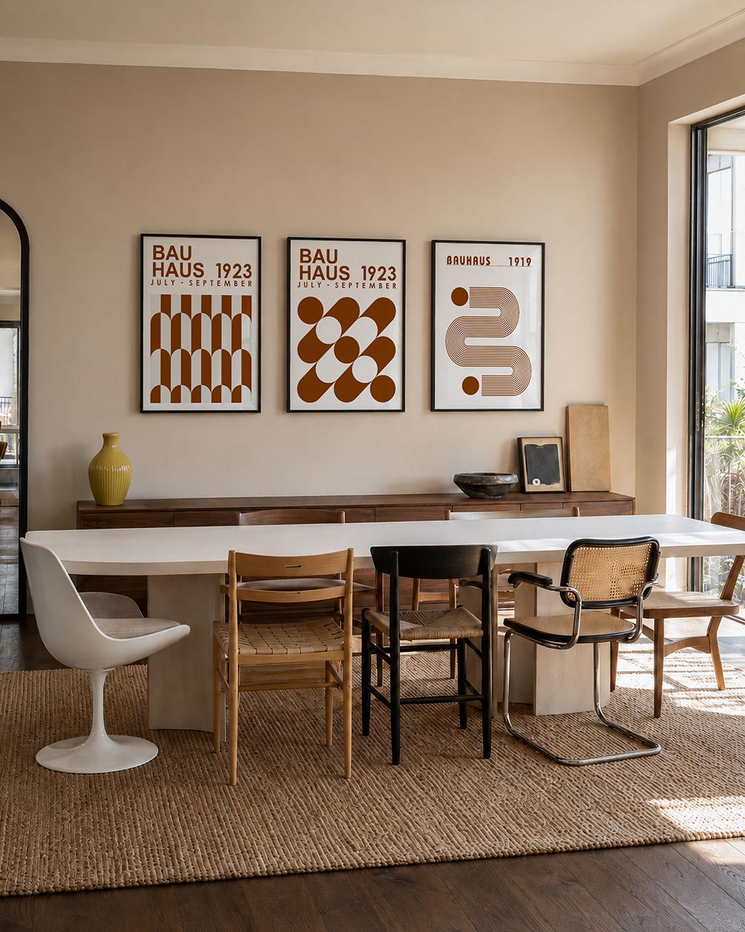 Vorm en ritme posterset – tweede productweergave – deze posterset in drie delen toont een spel van bruine en witte bogen en