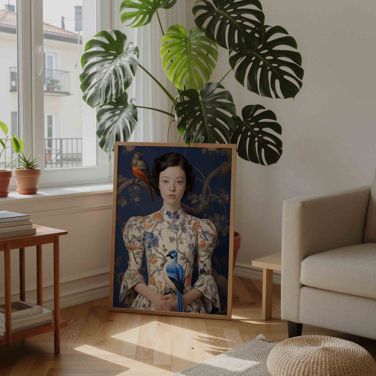 Meisje met vogels – staande botanische wanddecoratie van WallArtistic