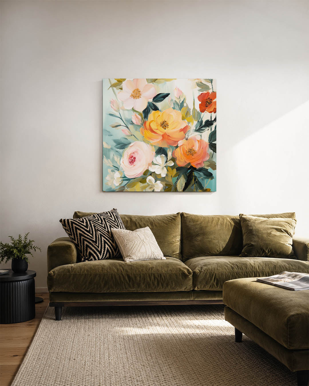 Bloemrijke compositie kunstwerk – sfeerbeeld – dit kunstwerk toont een levendige verzameling bloemen in zachte en warme