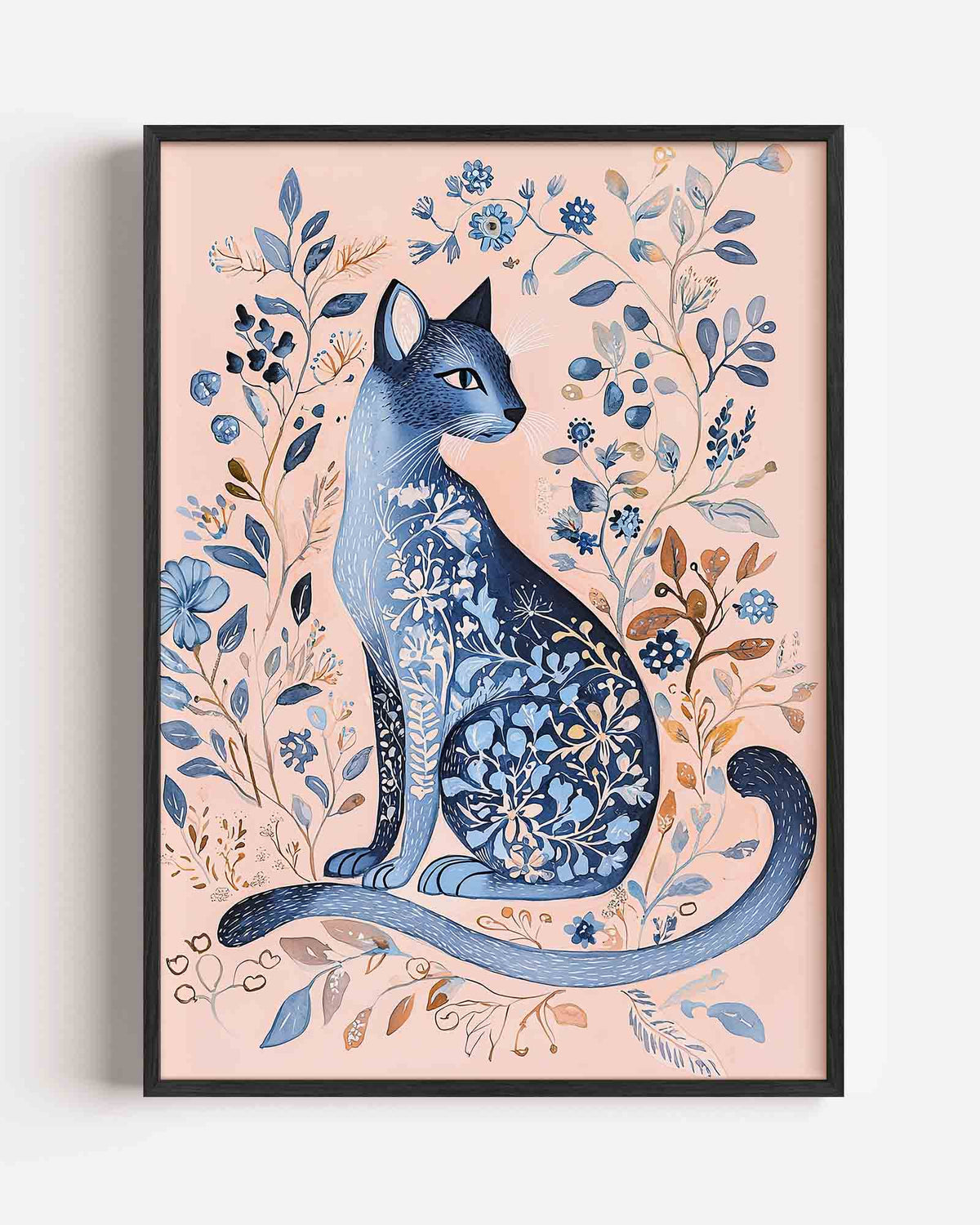 Blauwe kat met bloemen – dieren portret poster als wanddecoratie