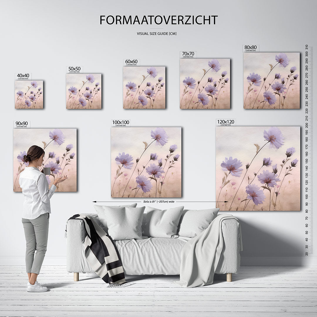 Bloemen in zachte tinten kunstwerk – dit kunstwerk toont delicate bloemen in zachte tinten, met vloeiende lijnen en een