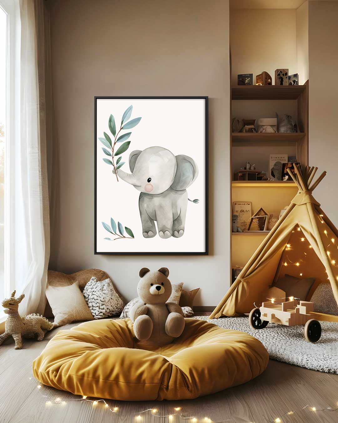 Schattige Olifant Met Tak Illustratie – staand kunstwerk voor modern interieur