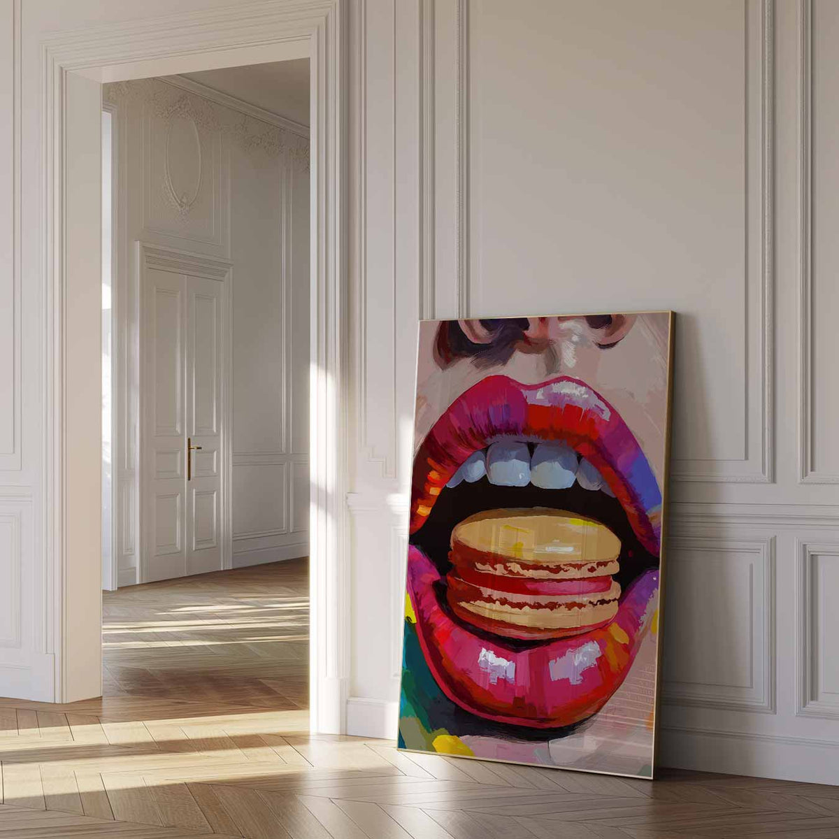 Kleurrijke Lippen Met Macaron – zomer poster als frisse staande wanddecoratie