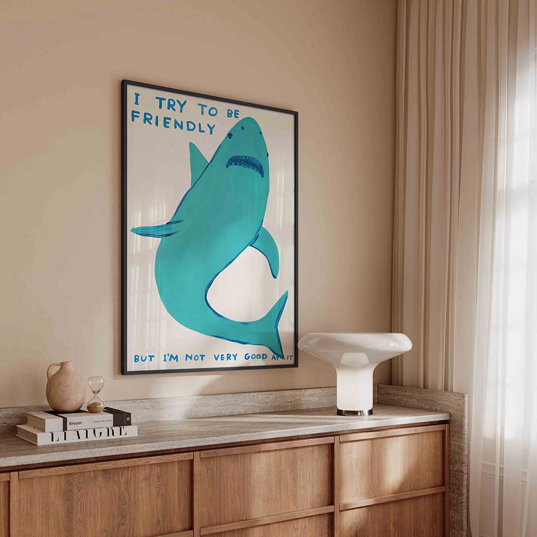 Blauwe haai met tekst – urban poster in staand formaat